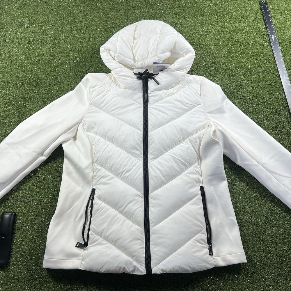 DKNY Women's White Hooded Puffer Jacket Size L